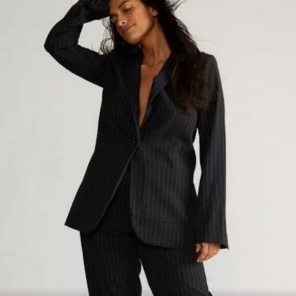 Norma Kamali Boyfriend Blazer Jacket Black Pin Stripe Size 16 - Picture 1 of 5